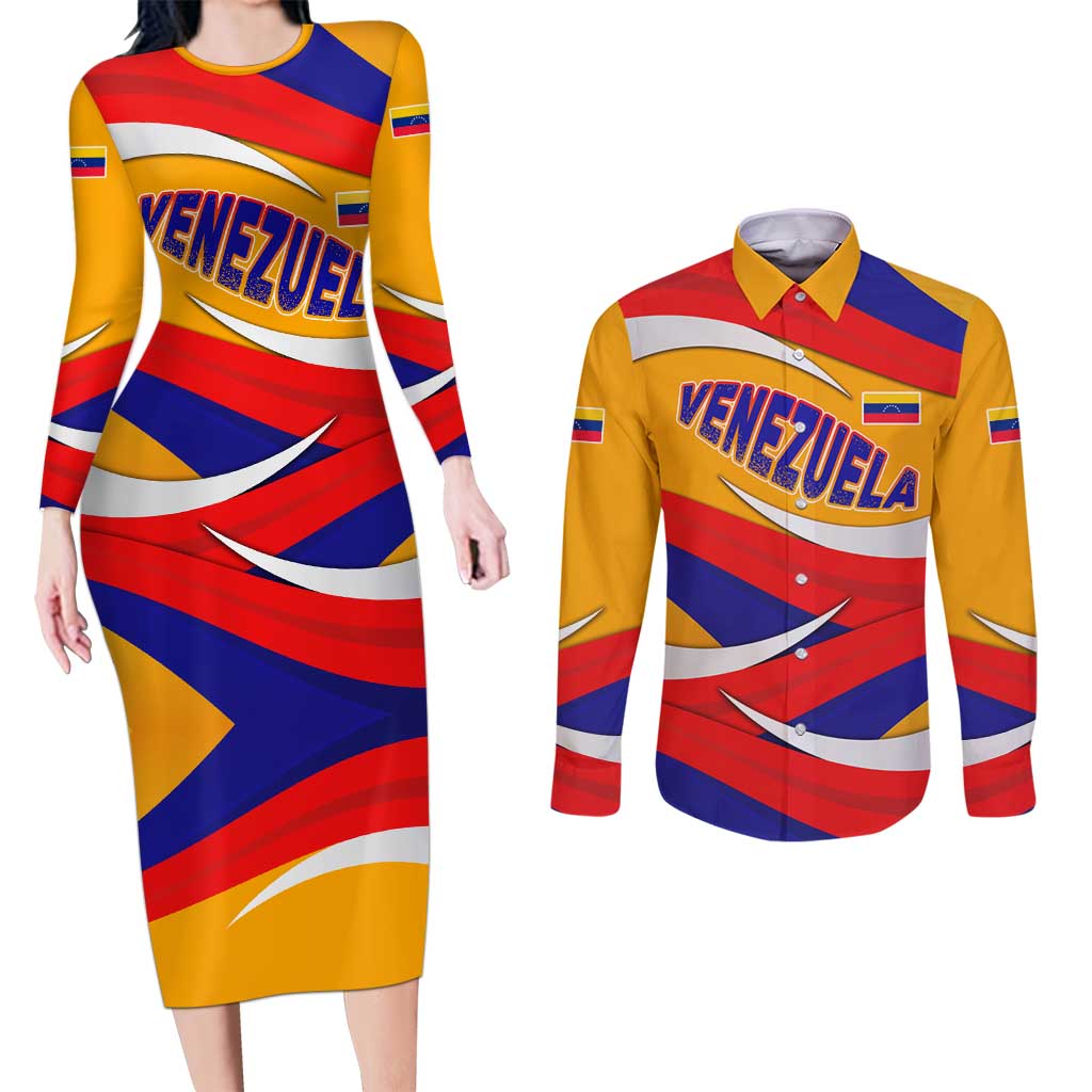 Venezuela Couples Matching Long Sleeve Bodycon Dress and Long Sleeve Button Shirt with Yellow Red Blue Flag Stripe Wave Spirit