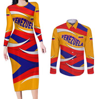 Venezuela Couples Matching Long Sleeve Bodycon Dress and Long Sleeve Button Shirt with Yellow Red Blue Flag Stripe Wave Spirit