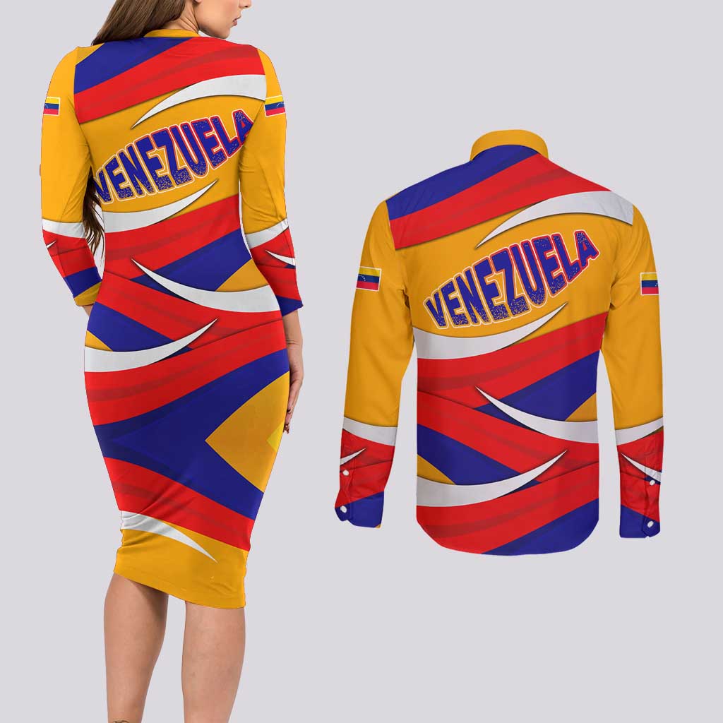 Venezuela Couples Matching Long Sleeve Bodycon Dress and Long Sleeve Button Shirt with Yellow Red Blue Flag Stripe Wave Spirit