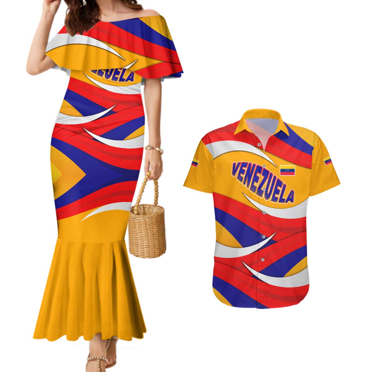 Venezuela Couples Matching Mermaid Dress and Hawaiian Shirt with Yellow Red Blue Flag Stripe Wave Spirit