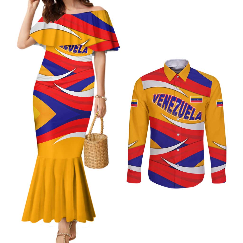 Venezuela Couples Matching Mermaid Dress and Long Sleeve Button Shirt with Yellow Red Blue Flag Stripe Wave Spirit