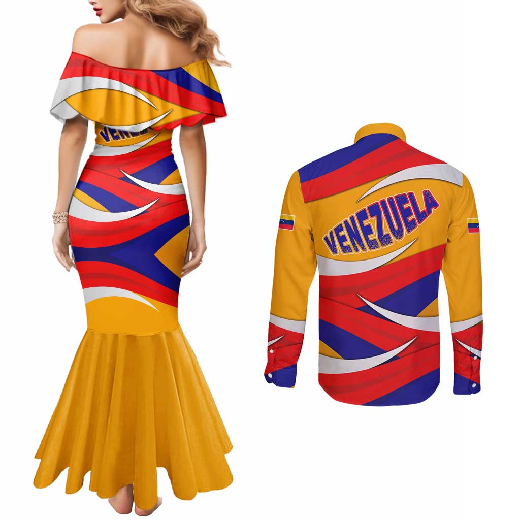 Venezuela Couples Matching Mermaid Dress and Long Sleeve Button Shirt with Yellow Red Blue Flag Stripe Wave Spirit