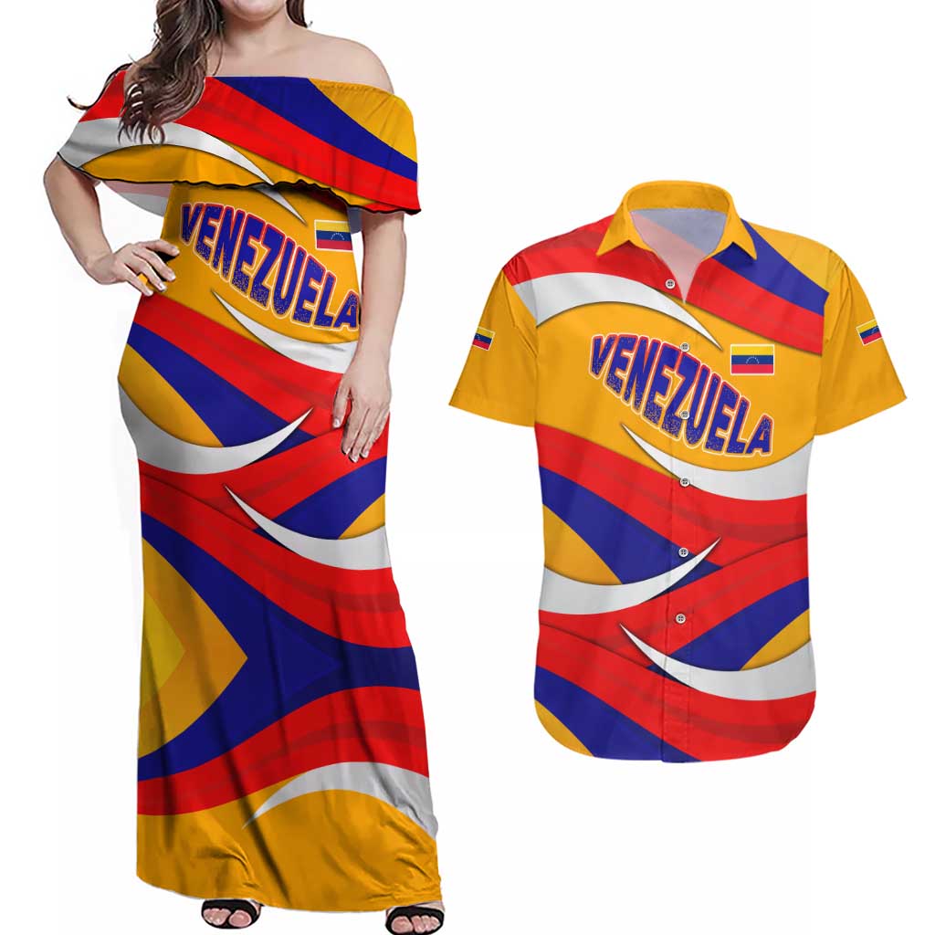 Venezuela Couples Matching Off Shoulder Maxi Dress and Hawaiian Shirt with Yellow Red Blue Flag Stripe Wave Spirit