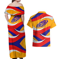 Venezuela Couples Matching Off Shoulder Maxi Dress and Hawaiian Shirt with Yellow Red Blue Flag Stripe Wave Spirit
