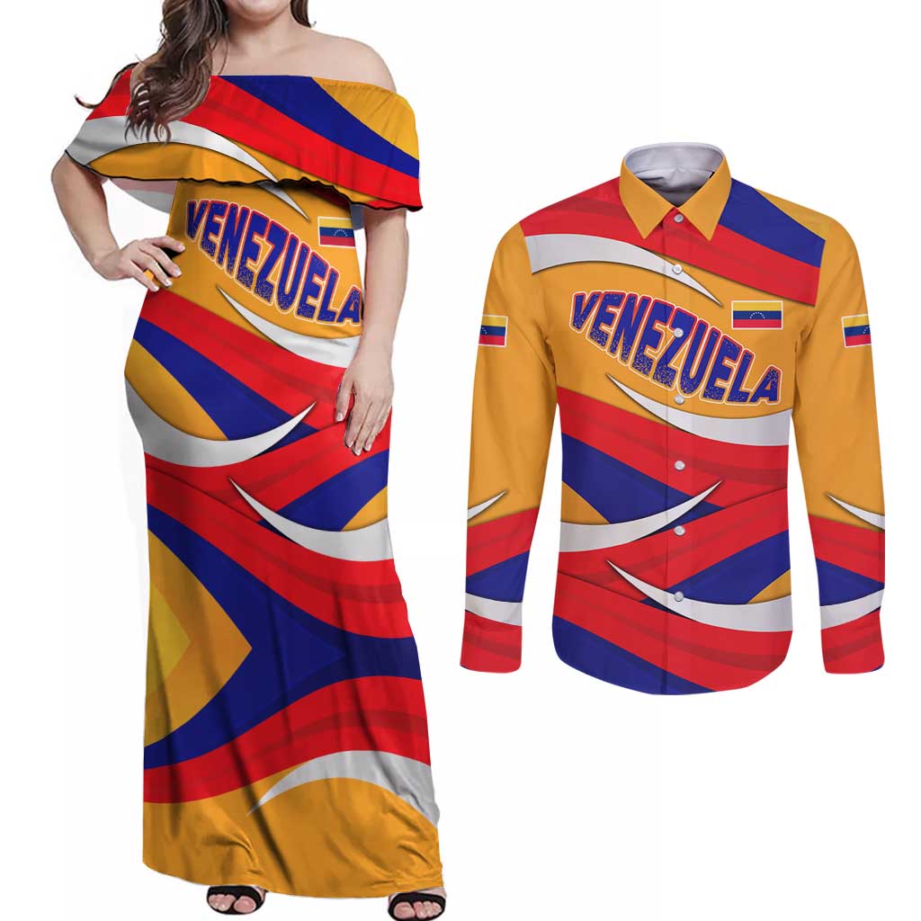 Venezuela Couples Matching Off Shoulder Maxi Dress and Long Sleeve Button Shirt with Yellow Red Blue Flag Stripe Wave Spirit