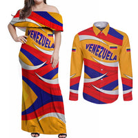 Venezuela Couples Matching Off Shoulder Maxi Dress and Long Sleeve Button Shirt with Yellow Red Blue Flag Stripe Wave Spirit