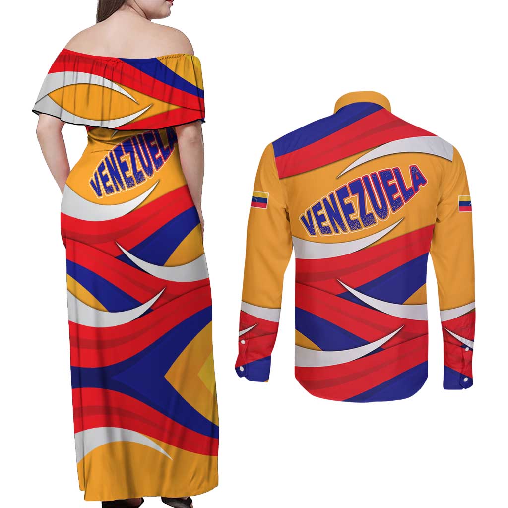 Venezuela Couples Matching Off Shoulder Maxi Dress and Long Sleeve Button Shirt with Yellow Red Blue Flag Stripe Wave Spirit