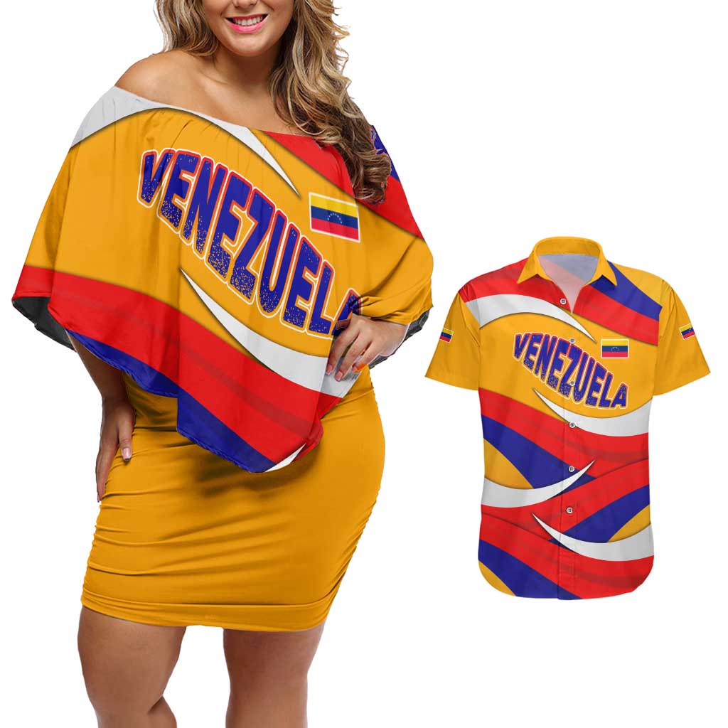 Venezuela Couples Matching Off Shoulder Short Dress and Hawaiian Shirt with Yellow Red Blue Flag Stripe Wave Spirit
