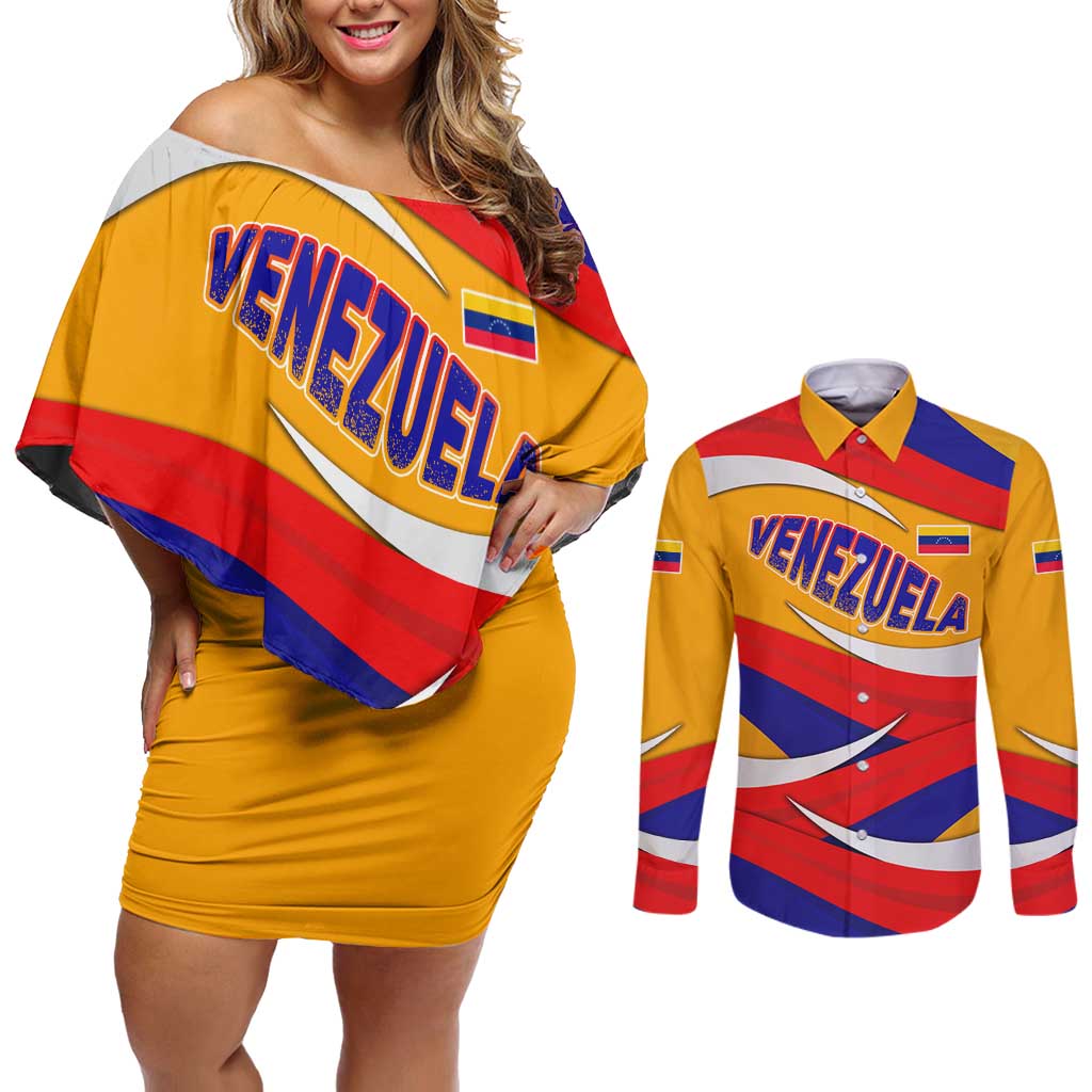 Venezuela Couples Matching Off Shoulder Short Dress and Long Sleeve Button Shirt with Yellow Red Blue Flag Stripe Wave Spirit