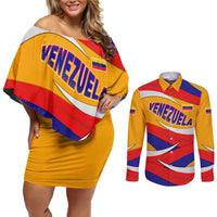 Venezuela Couples Matching Off Shoulder Short Dress and Long Sleeve Button Shirt with Yellow Red Blue Flag Stripe Wave Spirit