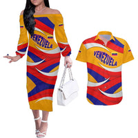Venezuela Couples Matching Off The Shoulder Long Sleeve Dress and Hawaiian Shirt with Yellow Red Blue Flag Stripe Wave Spirit