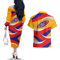 Venezuela Couples Matching Off The Shoulder Long Sleeve Dress and Hawaiian Shirt with Yellow Red Blue Flag Stripe Wave Spirit