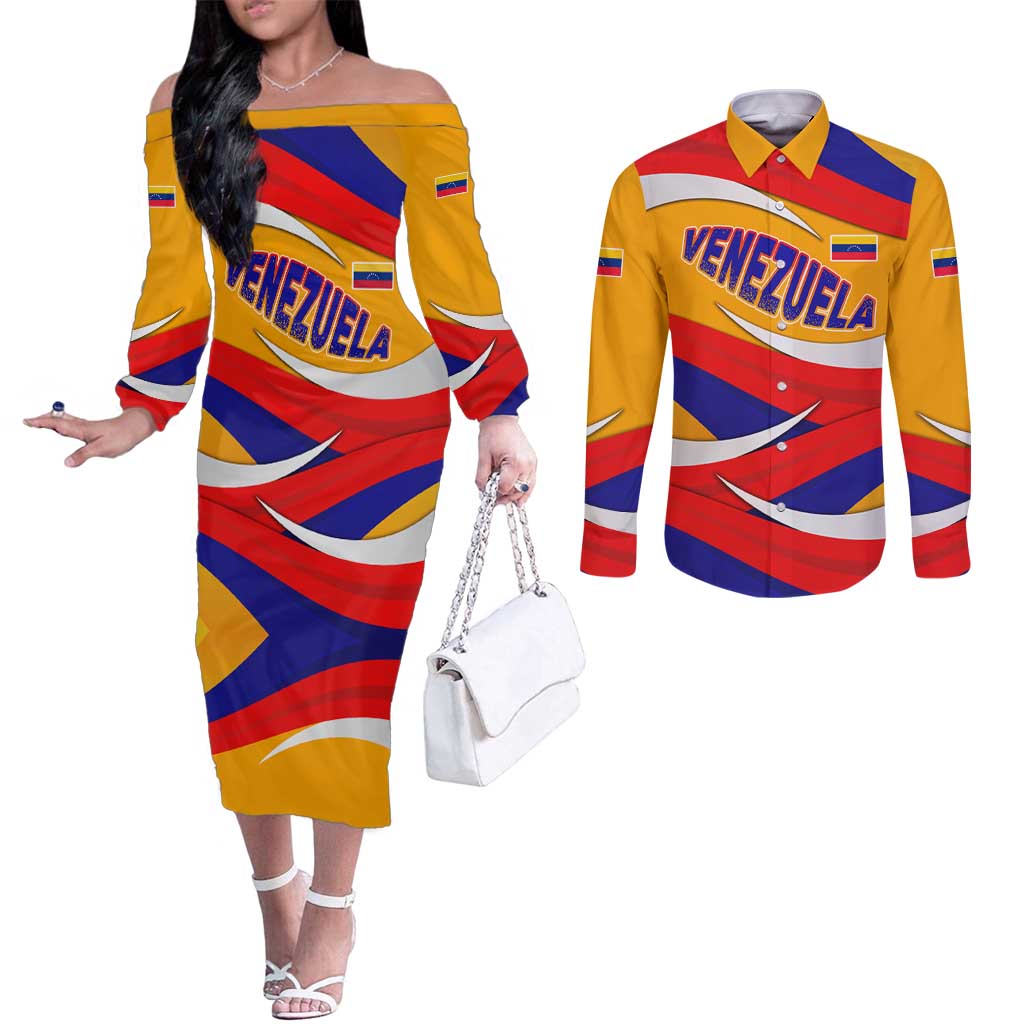 Venezuela Couples Matching Off The Shoulder Long Sleeve Dress and Long Sleeve Button Shirt with Yellow Red Blue Flag Stripe Wave Spirit