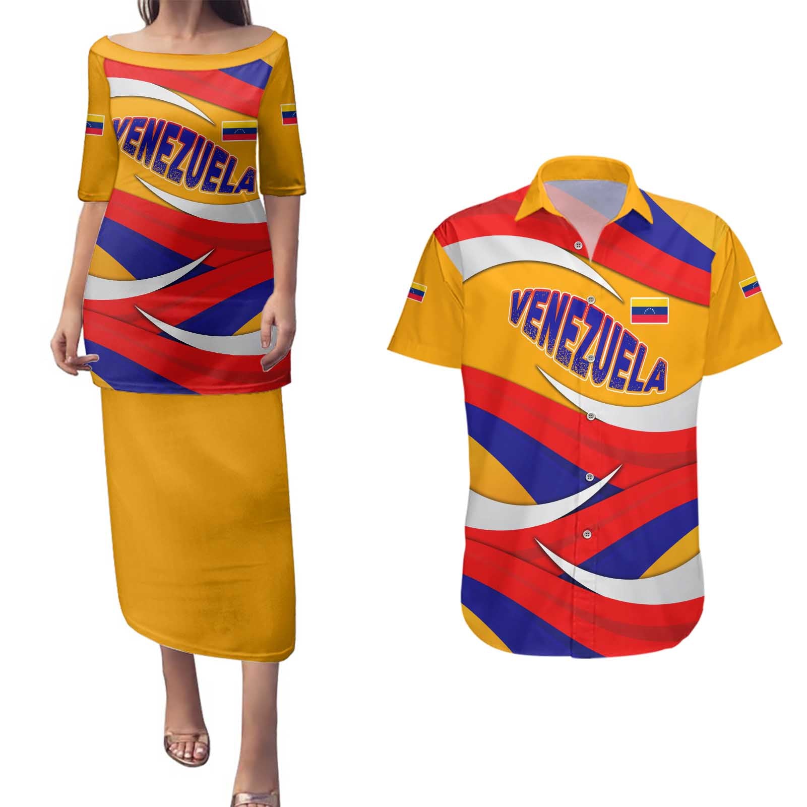 Venezuela Couples Matching Puletasi and Hawaiian Shirt with Yellow Red Blue Flag Stripe Wave Spirit