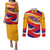 Venezuela Couples Matching Puletasi and Long Sleeve Button Shirt with Yellow Red Blue Flag Stripe Wave Spirit