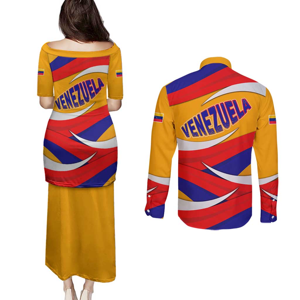 Venezuela Couples Matching Puletasi and Long Sleeve Button Shirt with Yellow Red Blue Flag Stripe Wave Spirit