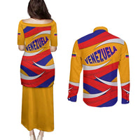 Venezuela Couples Matching Puletasi and Long Sleeve Button Shirt with Yellow Red Blue Flag Stripe Wave Spirit