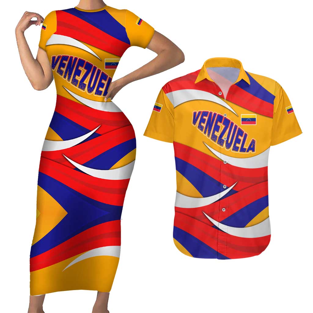 Venezuela Couples Matching Short Sleeve Bodycon Dress and Hawaiian Shirt with Yellow Red Blue Flag Stripe Wave Spirit