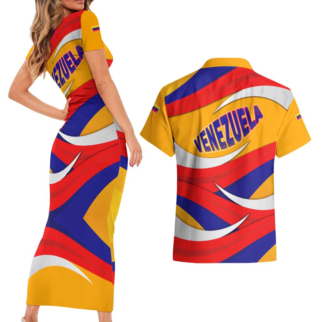 Venezuela Couples Matching Short Sleeve Bodycon Dress and Hawaiian Shirt with Yellow Red Blue Flag Stripe Wave Spirit