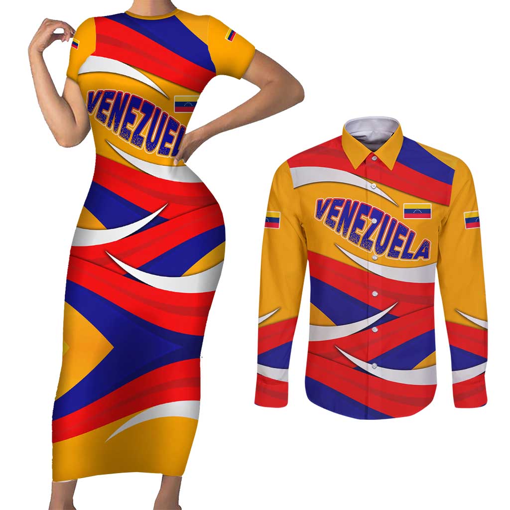 Venezuela Couples Matching Short Sleeve Bodycon Dress and Long Sleeve Button Shirt with Yellow Red Blue Flag Stripe Wave Spirit