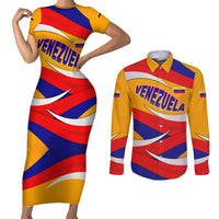 Venezuela Couples Matching Short Sleeve Bodycon Dress and Long Sleeve Button Shirt with Yellow Red Blue Flag Stripe Wave Spirit