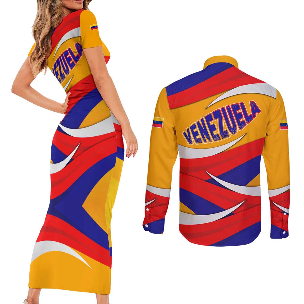 Venezuela Couples Matching Short Sleeve Bodycon Dress and Long Sleeve Button Shirt with Yellow Red Blue Flag Stripe Wave Spirit