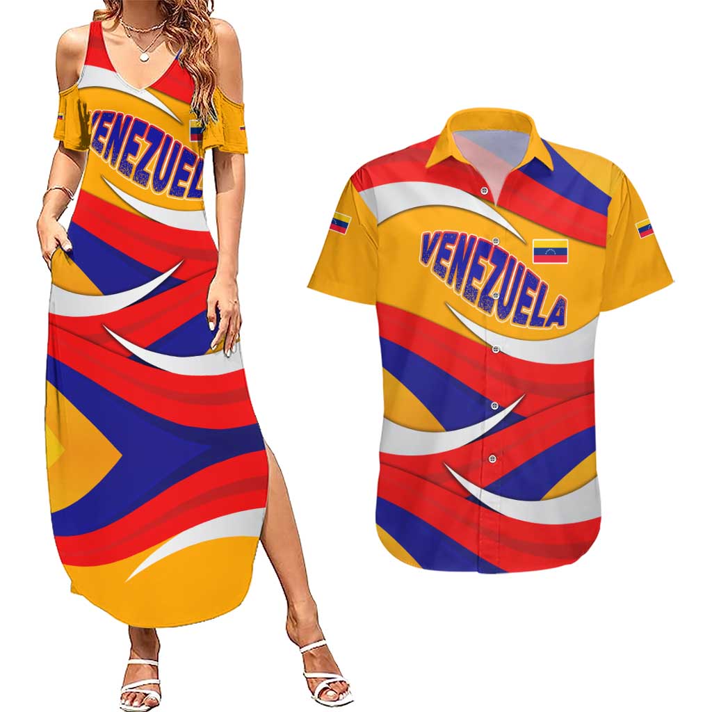 Venezuela Couples Matching Summer Maxi Dress and Hawaiian Shirt with Yellow Red Blue Flag Stripe Wave Spirit