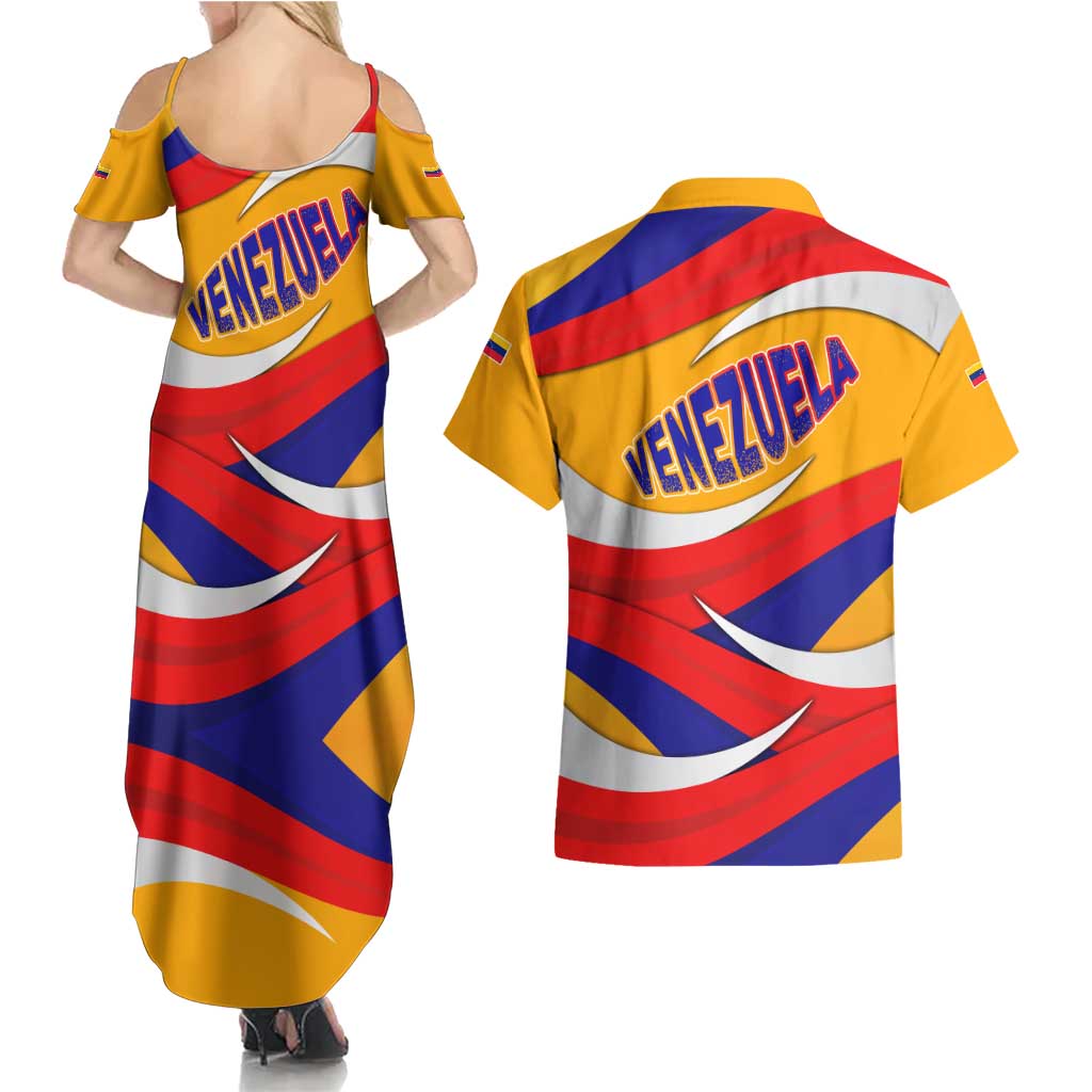 Venezuela Couples Matching Summer Maxi Dress and Hawaiian Shirt with Yellow Red Blue Flag Stripe Wave Spirit