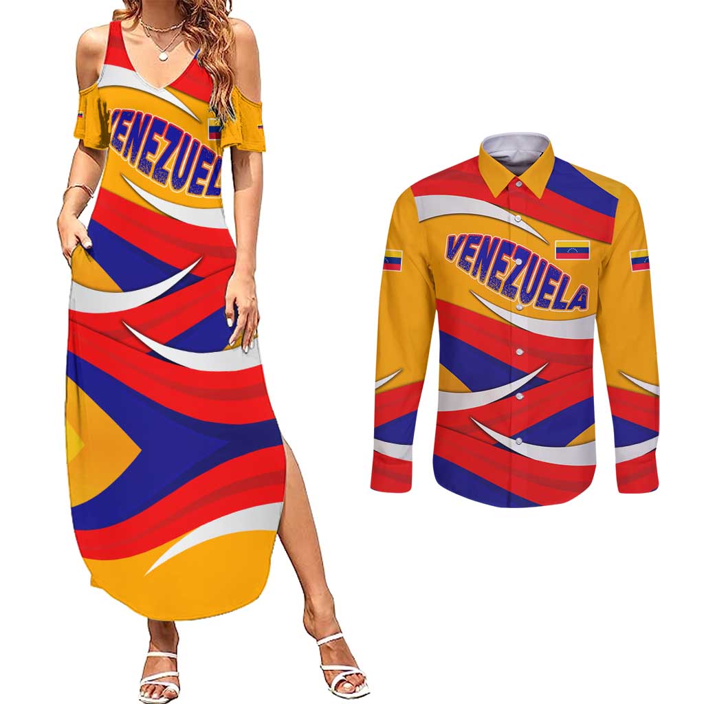 Venezuela Couples Matching Summer Maxi Dress and Long Sleeve Button Shirt with Yellow Red Blue Flag Stripe Wave Spirit