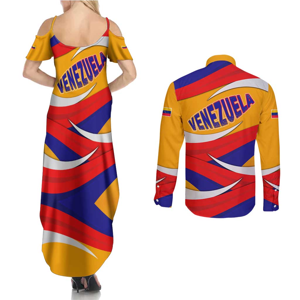 Venezuela Couples Matching Summer Maxi Dress and Long Sleeve Button Shirt with Yellow Red Blue Flag Stripe Wave Spirit