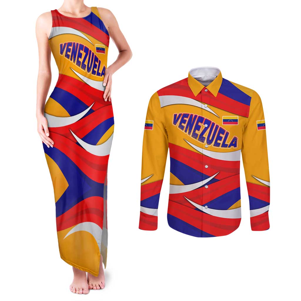 Venezuela Couples Matching Tank Maxi Dress and Long Sleeve Button Shirt with Yellow Red Blue Flag Stripe Wave Spirit