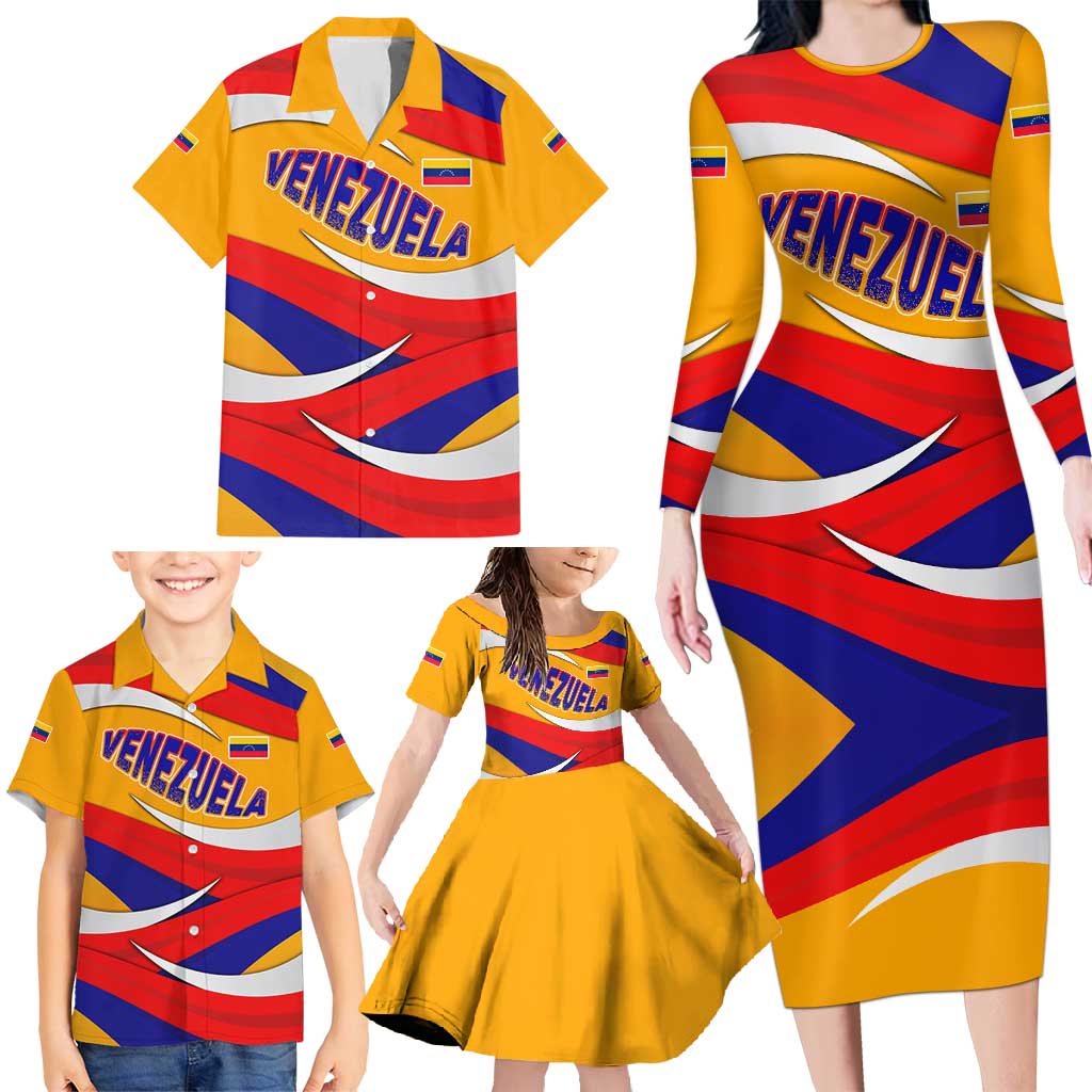 Venezuela Family Matching Long Sleeve Bodycon Dress and Hawaiian Shirt with Yellow Red Blue Flag Stripe Wave Spirit