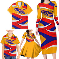 Venezuela Family Matching Long Sleeve Bodycon Dress and Hawaiian Shirt with Yellow Red Blue Flag Stripe Wave Spirit