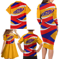 Venezuela Family Matching Long Sleeve Bodycon Dress and Hawaiian Shirt with Yellow Red Blue Flag Stripe Wave Spirit