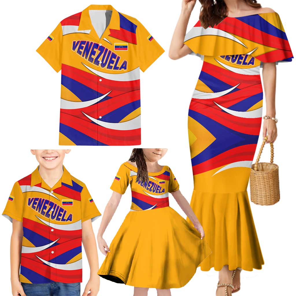 Venezuela Family Matching Mermaid Dress and Hawaiian Shirt with Yellow Red Blue Flag Stripe Wave Spirit