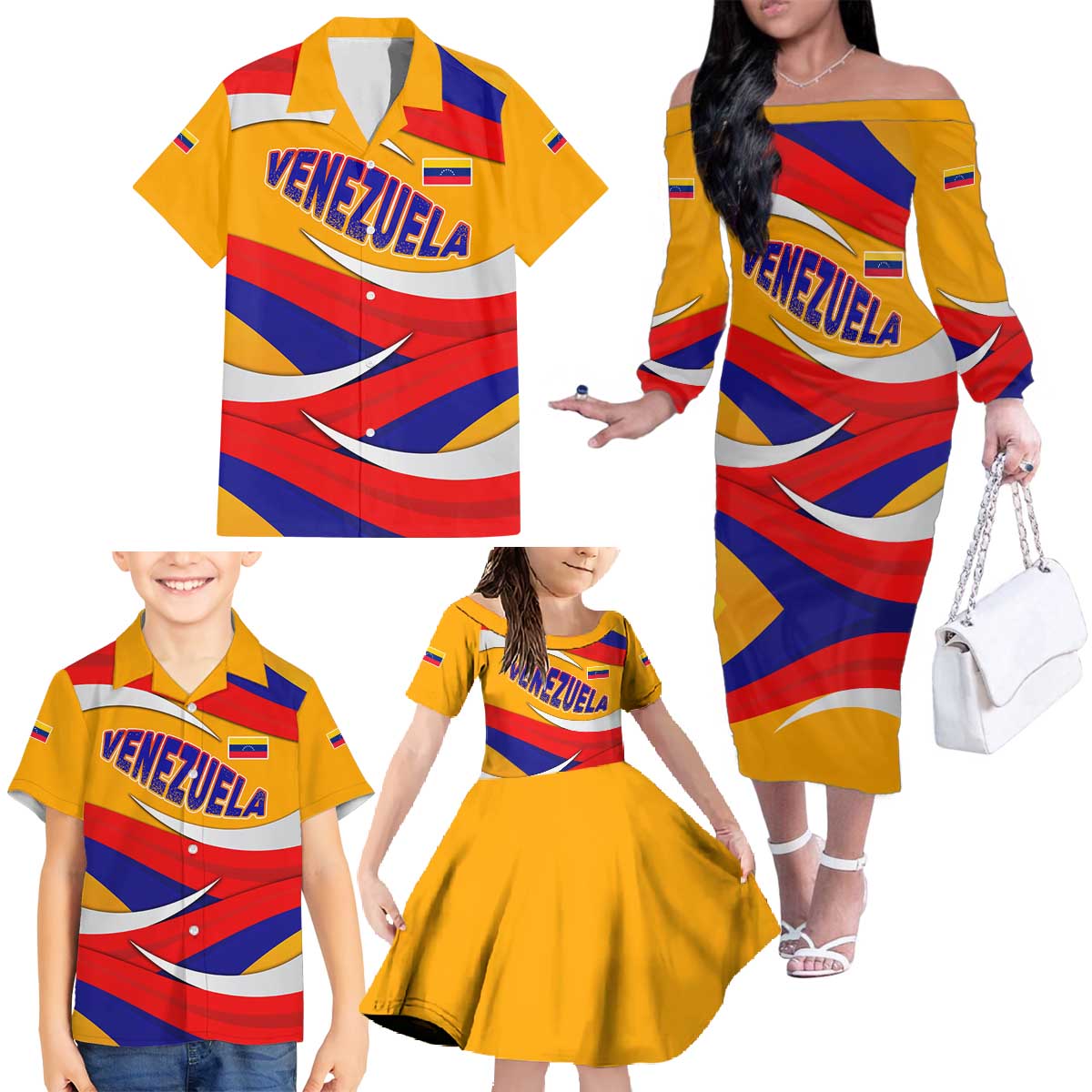Venezuela Family Matching Off The Shoulder Long Sleeve Dress and Hawaiian Shirt with Yellow Red Blue Flag Stripe Wave Spirit