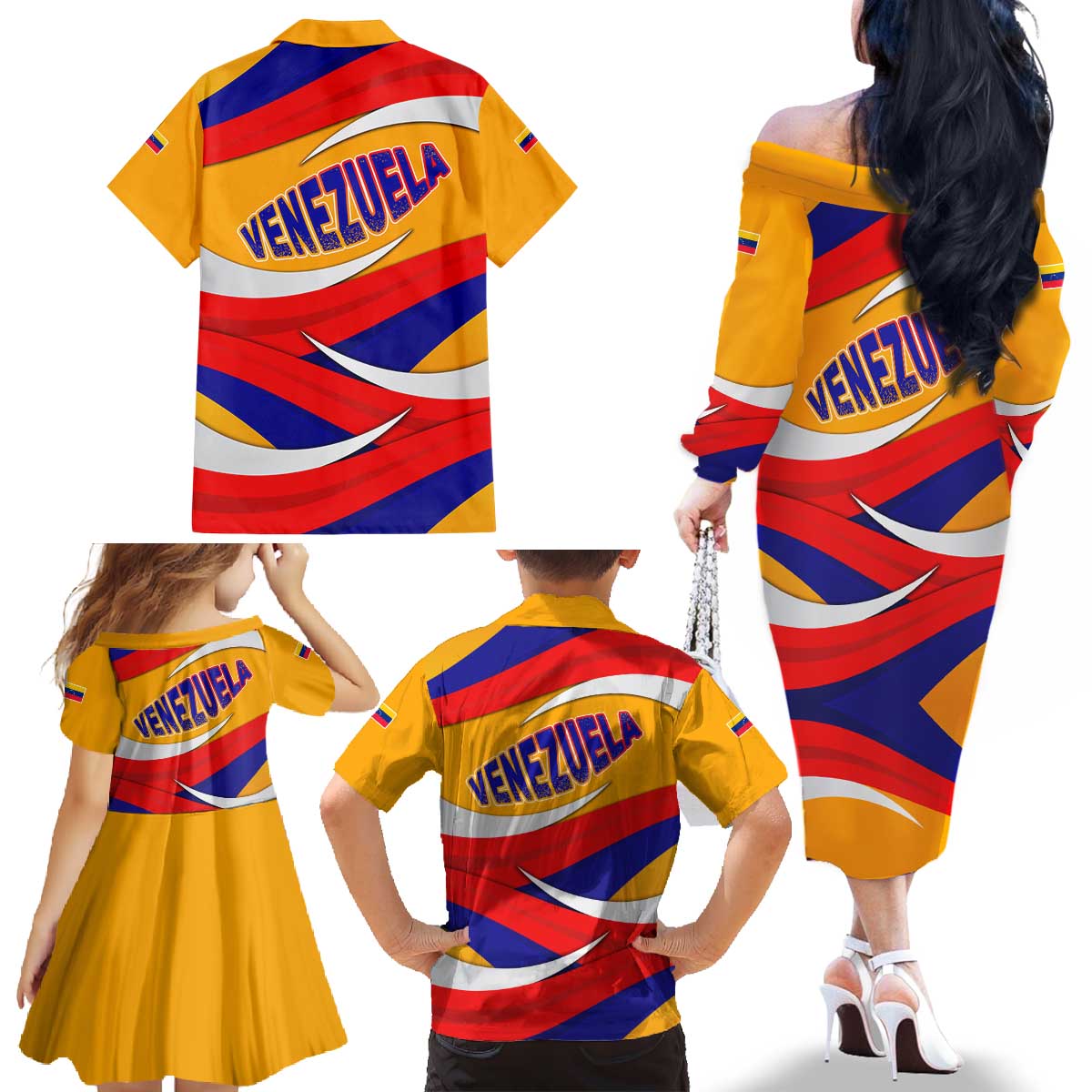 Venezuela Family Matching Off The Shoulder Long Sleeve Dress and Hawaiian Shirt with Yellow Red Blue Flag Stripe Wave Spirit