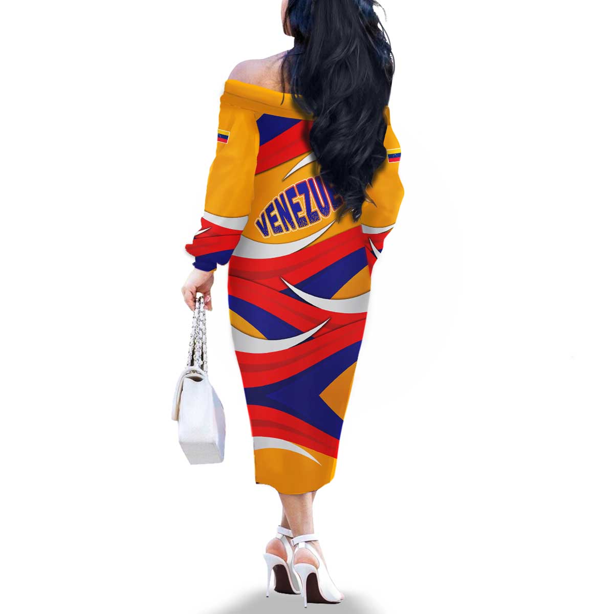 Venezuela Family Matching Off The Shoulder Long Sleeve Dress and Hawaiian Shirt with Yellow Red Blue Flag Stripe Wave Spirit