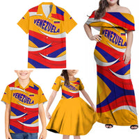 Venezuela Family Matching Off Shoulder Maxi Dress and Hawaiian Shirt with Yellow Red Blue Flag Stripe Wave Spirit