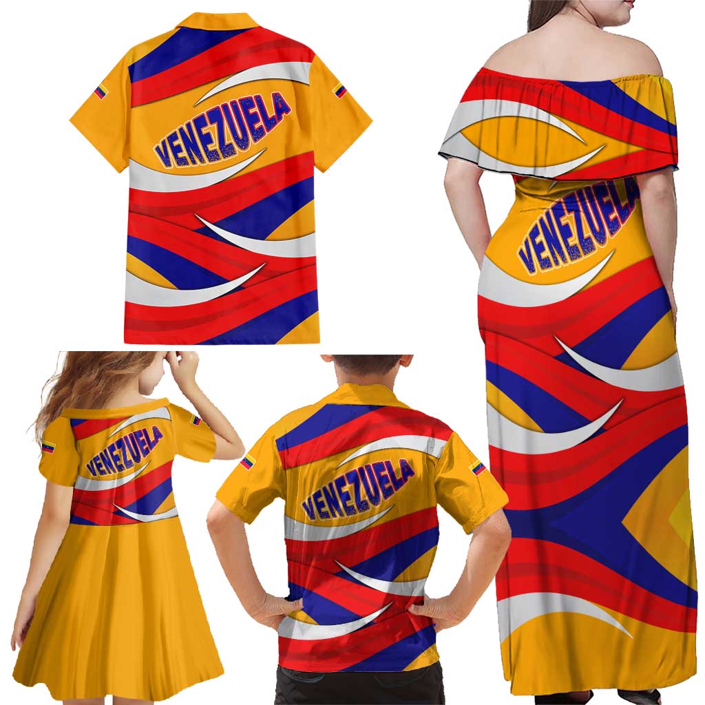 Venezuela Family Matching Off Shoulder Maxi Dress and Hawaiian Shirt with Yellow Red Blue Flag Stripe Wave Spirit
