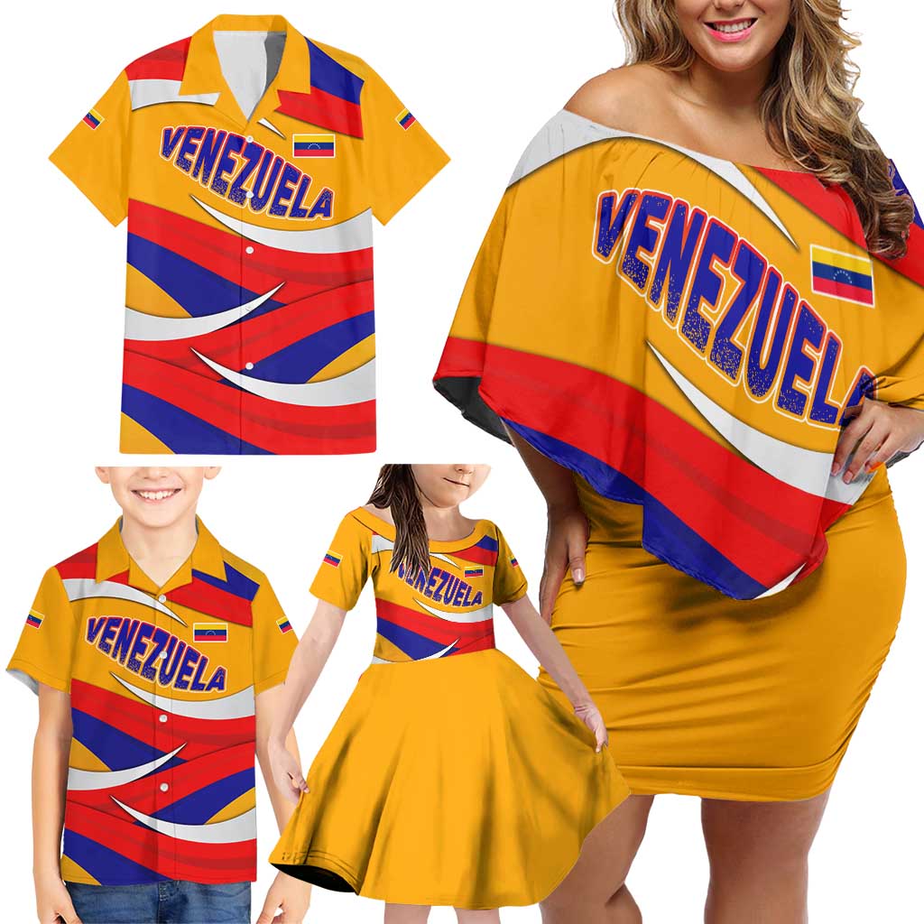 Venezuela Family Matching Off Shoulder Short Dress and Hawaiian Shirt with Yellow Red Blue Flag Stripe Wave Spirit