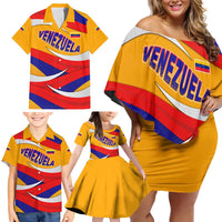 Venezuela Family Matching Off Shoulder Short Dress and Hawaiian Shirt with Yellow Red Blue Flag Stripe Wave Spirit