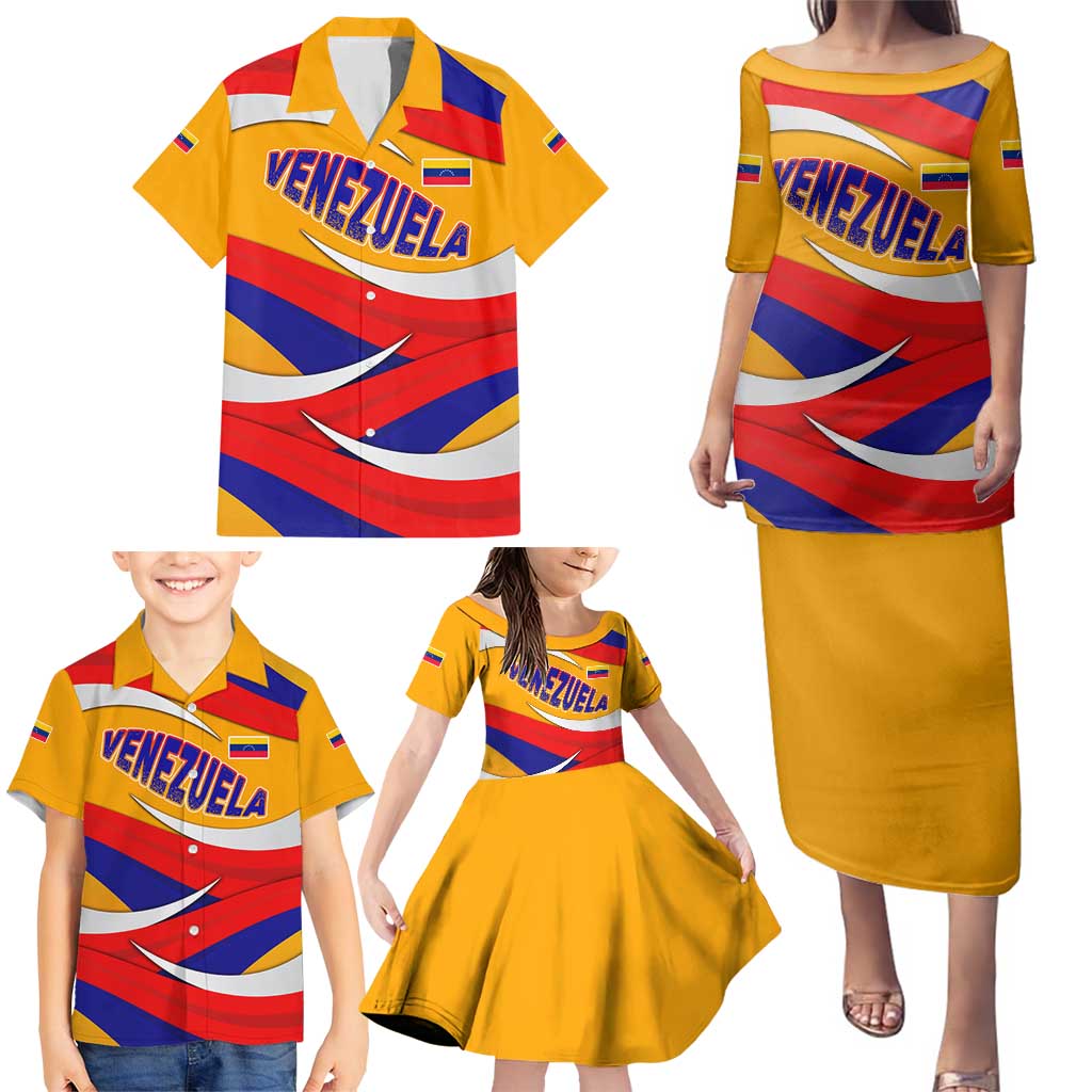 Venezuela Family Matching Puletasi and Hawaiian Shirt with Yellow Red Blue Flag Stripe Wave Spirit