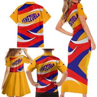 Venezuela Family Matching Short Sleeve Bodycon Dress and Hawaiian Shirt with Yellow Red Blue Flag Stripe Wave Spirit