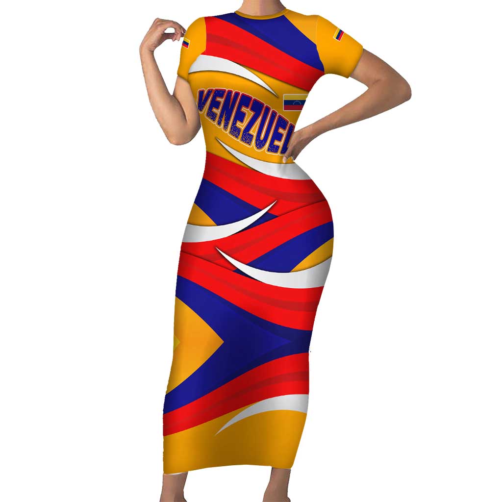 Venezuela Family Matching Short Sleeve Bodycon Dress and Hawaiian Shirt with Yellow Red Blue Flag Stripe Wave Spirit