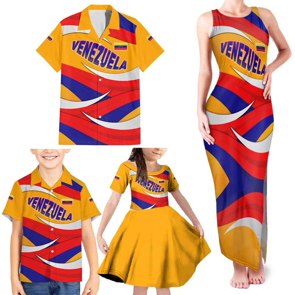 Venezuela Family Matching Tank Maxi Dress and Hawaiian Shirt with Yellow Red Blue Flag Stripe Wave Spirit