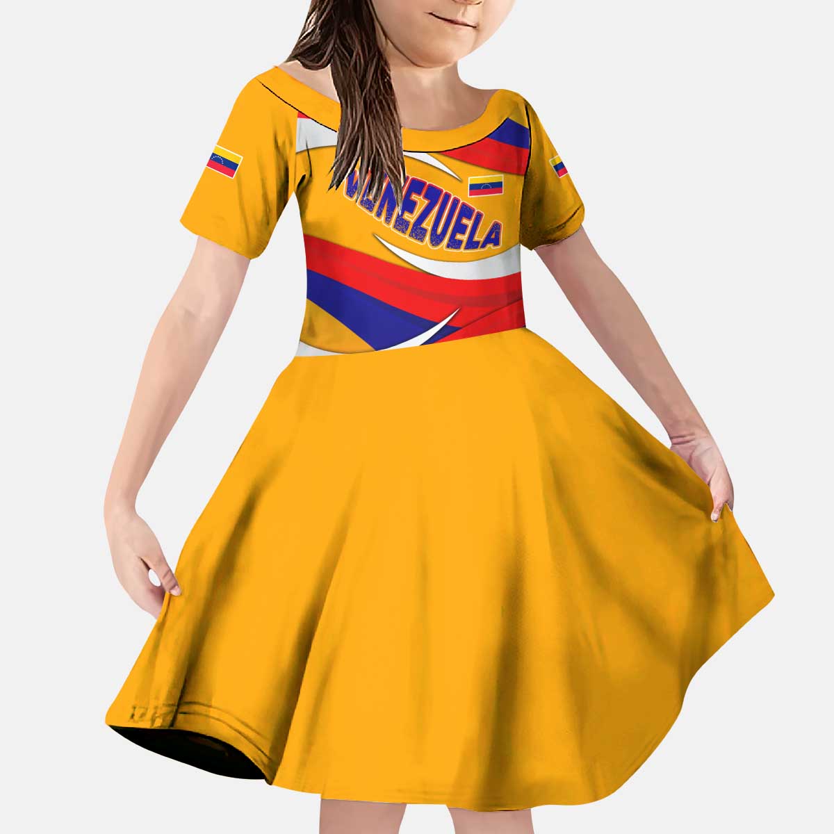 Venezuela Kid Short Sleeve Dress with Yellow Red Blue Flag Stripe Wave Spirit