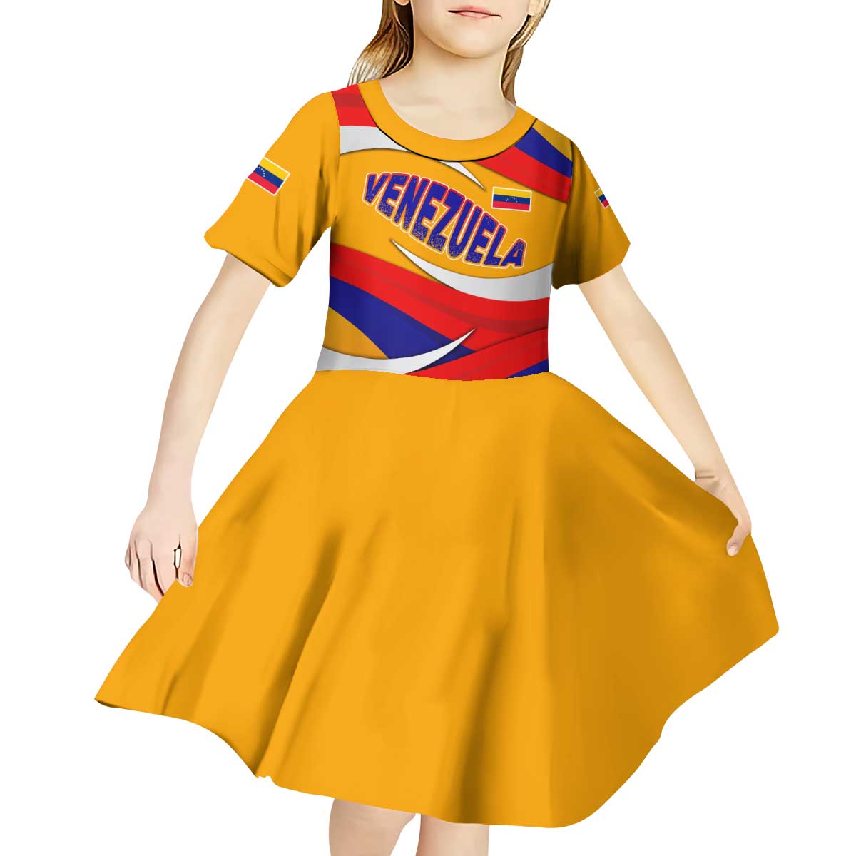 Venezuela Kid Short Sleeve Dress with Yellow Red Blue Flag Stripe Wave Spirit