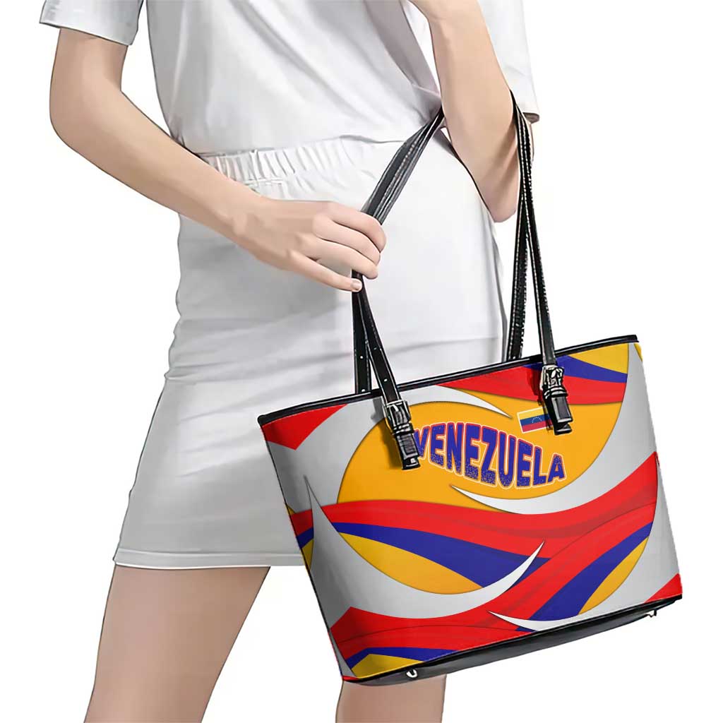 Venezuela Leather Tote Bag with Yellow Red Blue Flag Stripe Wave Spirit