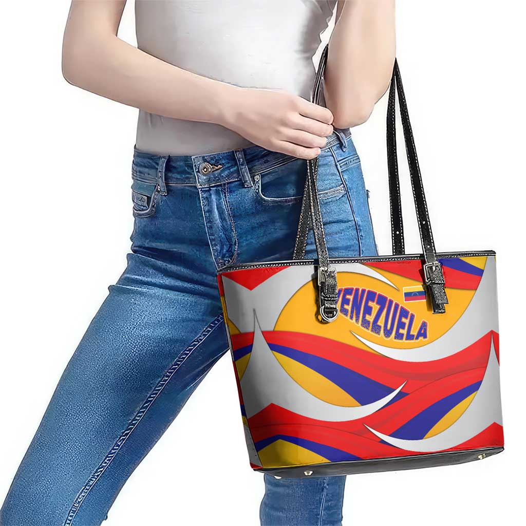 Venezuela Leather Tote Bag with Yellow Red Blue Flag Stripe Wave Spirit